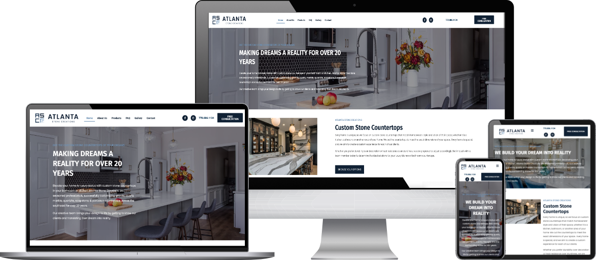 Atlanta Stone Creations responsive website shown in four device sizes, Desktop, Laptop, Tablet, and Mobile. Design by Sims Digital, 2022